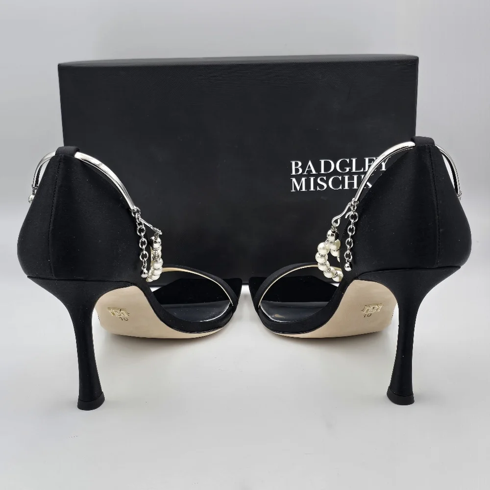 NIB Badgley Mischka Loretta Dual Pearl Strap Stiletto Heel Sandals, Black Satin - Picture 10 of 16